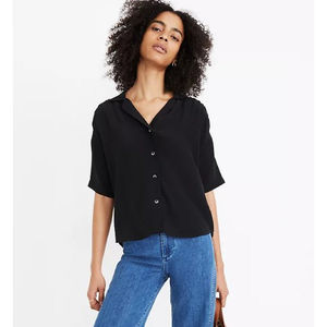 NWT Madewell Silk Boxy Camp Shirt L Button Front Short Sleeve Collared Black